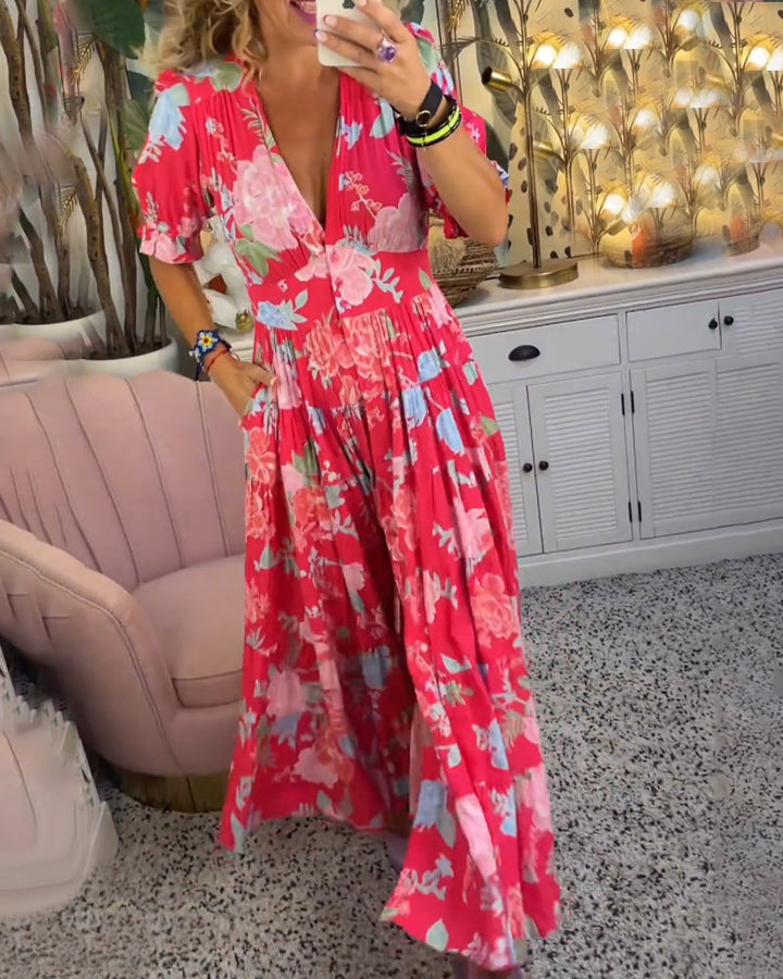 Catrisa™ - V-Neck Dress with Floral Print and Pockets