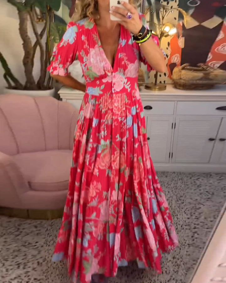 Catrisa™ - V-Neck Dress with Floral Print and Pockets