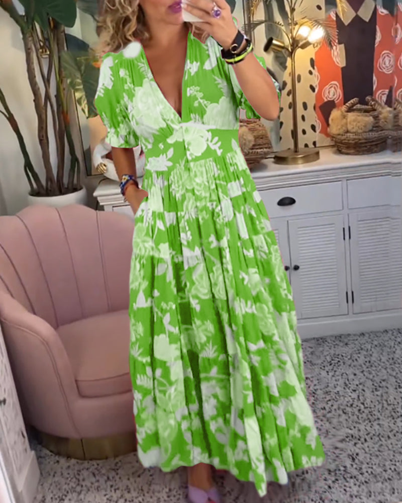 Catrisa™ - V-Neck Dress with Floral Print and Pockets
