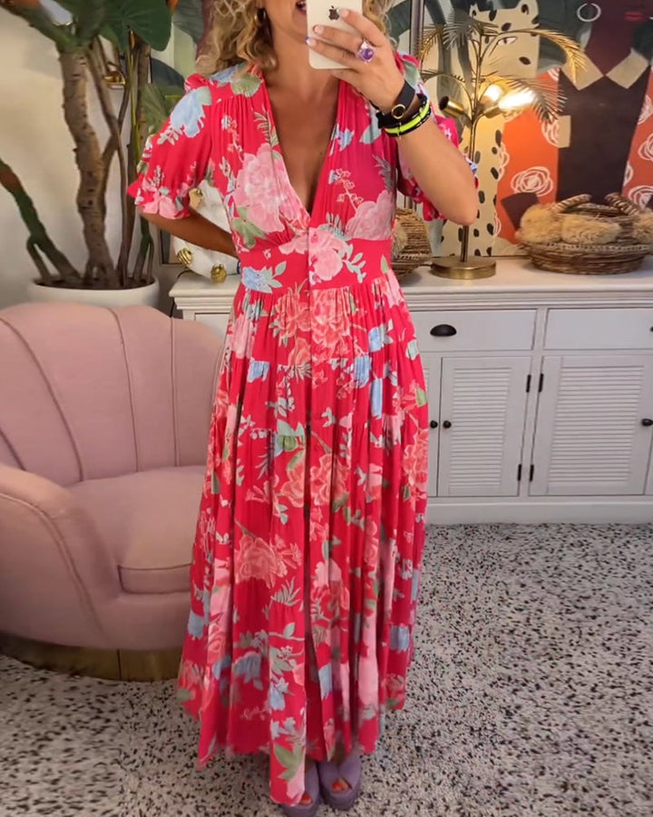 Catrisa™ - V-Neck Dress with Floral Print and Pockets