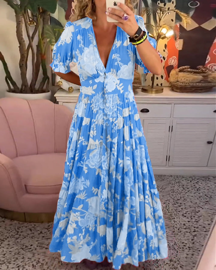 Catrisa™ - V-Neck Dress with Floral Print and Pockets