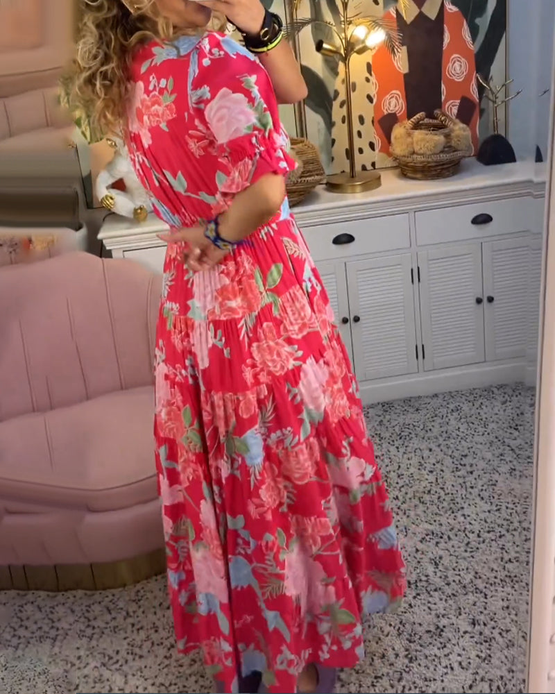 Catrisa™ - V-Neck Dress with Floral Print and Pockets