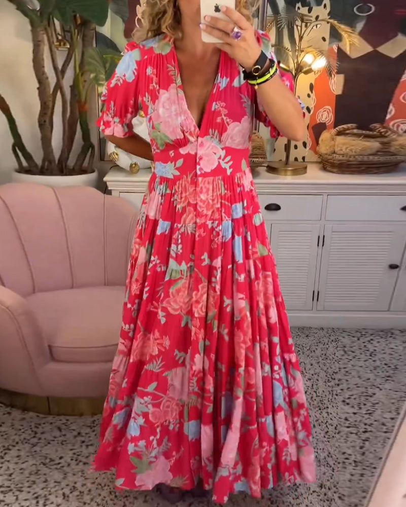 Catrisa™ - V-Neck Dress with Floral Print and Pockets