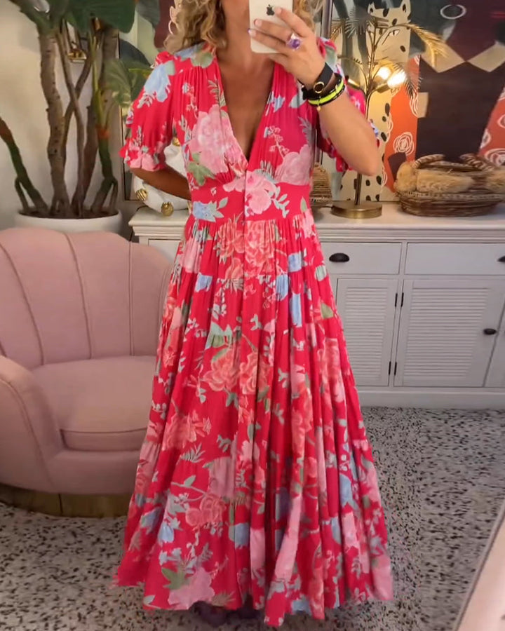 Catrisa™ - V-Neck Dress with Floral Print and Pockets