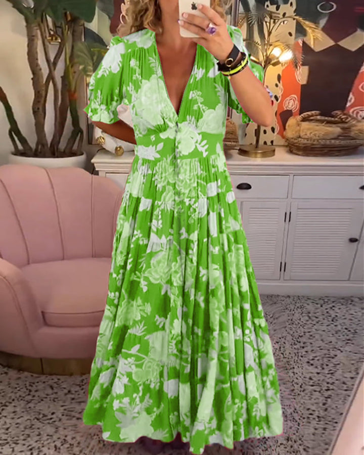 Catrisa™ - V-Neck Dress with Floral Print and Pockets