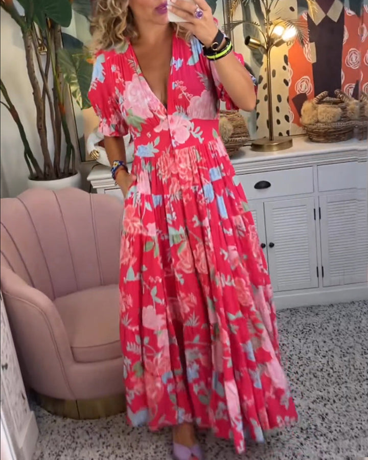Catrisa™ - V-Neck Dress with Floral Print and Pockets